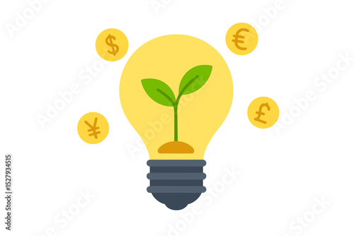 Growing wealth idea illustration with plant growing inside lightbulb surrounded by currency coins