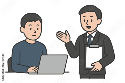 Business discussion between Manager and Employee with Laptop Computer in the Workplace