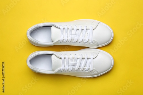 Stylish white leather sneakers on yellow background casual fashion footwear minimalist design comfortable shoes modern style trendy