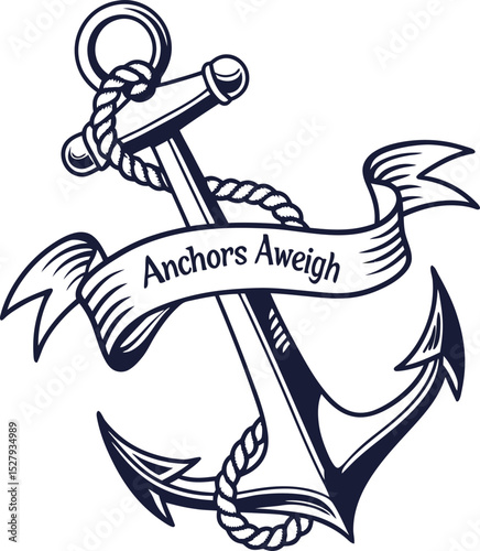 Nautical anchor with rope and anchors aweigh banner illustration