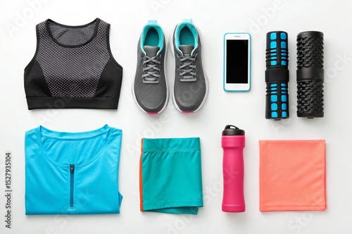 Stylish fitness apparel and accessories for a workout session grey sneakers blue top shorts gym yoga foam style phone water sports