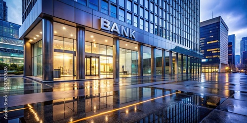 Contemporary bank building with a striking illuminated sign at dusk