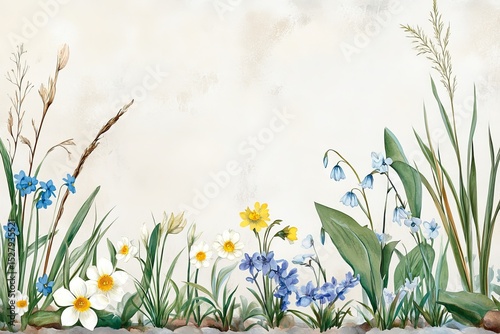 Watercolor Spring Wildflowers Border Neutral Background
