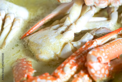 Close up of crab cooked in spicy coconut milk or Ketam Masak Lemak Cili Api.