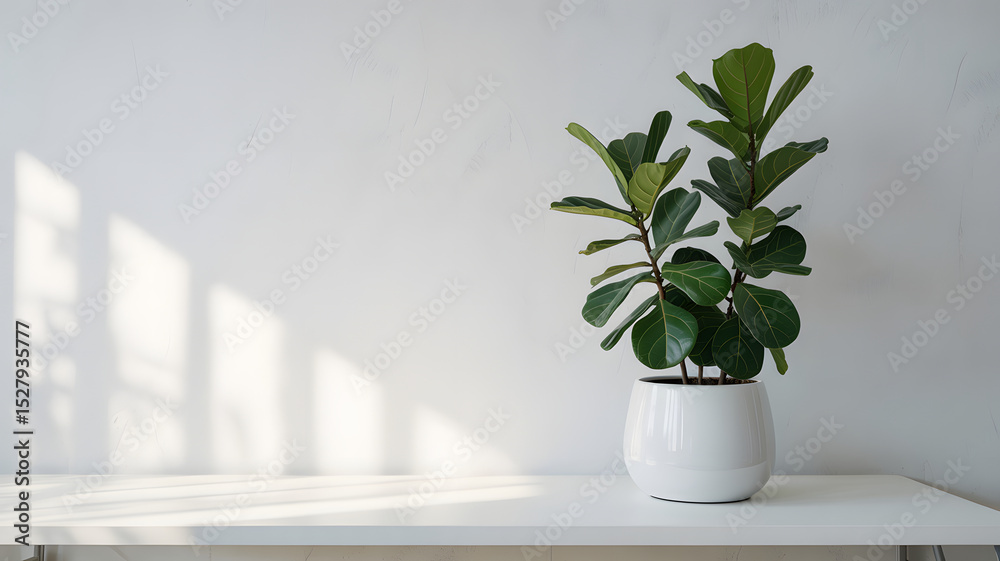 Fototapeta premium A fiddle leaf fig plant in a white pot on a white surface against a white wall with shadows on it