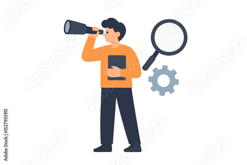Man looks through telescope with magnifying glass and gear next to him