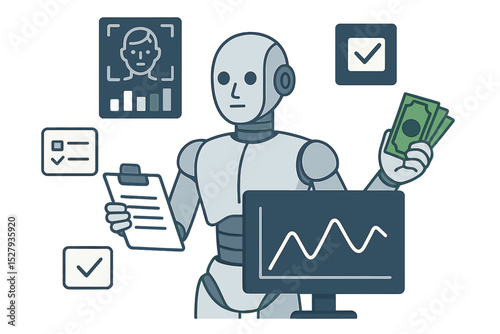 Cartoon robot analyzing financial data, holding cash, and checking identification data for approval