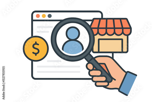 Hand holds magnifying glass over profile, store, and coin on website, vector illustration