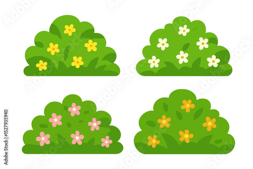 Four green cartoon bushes are illustrated. Each bush contains a different colored flower