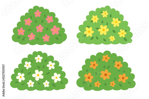Cartoon vector illustration featuring four green bushes adorned with pink, yellow, white, and orange flowers