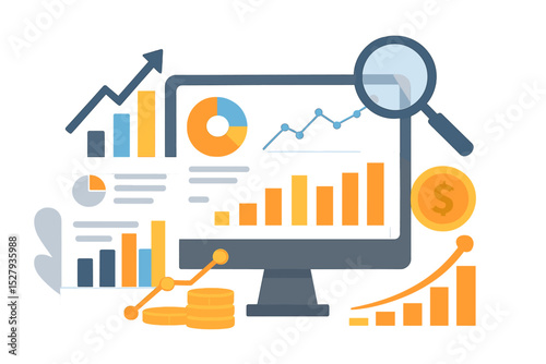 Flat vector illustration of financial data analytics and growth on computer