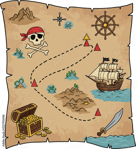 Cartoon Pirate Treasure Map Clipart – Old Paper Map with Ship, Treasure Chest, and Skull for Adventure and Kids Designs

