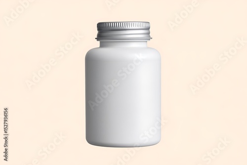 A White Plastic Pill Bottle with a Silver Lid for Pharmaceutical Packaging photo