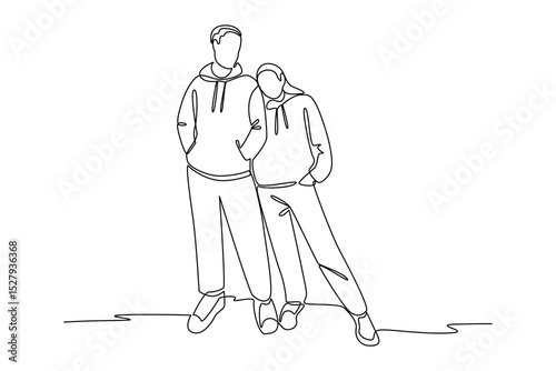 One single line drawing of men and woman posing with jacket and take a photo. outfit minimalist concept. Fashion for daily activity concept.