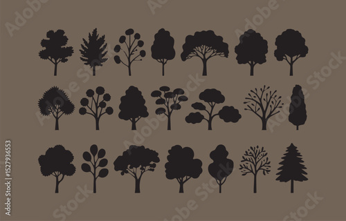 Collection of Diverse Tree Silhouettes on a Neutral Background Representing Variety in Nature and Design Elements for Various Purposes