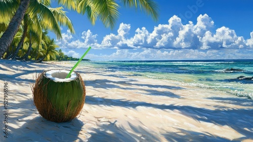 Tropical beach scene with coconut drink