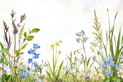 Delicate Wildflowers in Watercolor, Daffodils and Cornflowers, Light Background