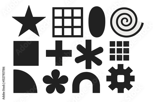 Black geometric shapes including a star, circle, square, and spiral for educational resources