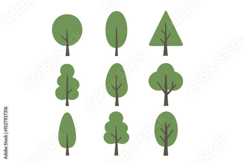 Diverse array of vector tree icons featuring various shapes and sizes, all isolated on a clean white background