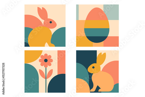 Cute Easter bunny and egg cartoon vector illustration icon isolated with flower and geometric shapes collage in spring colors