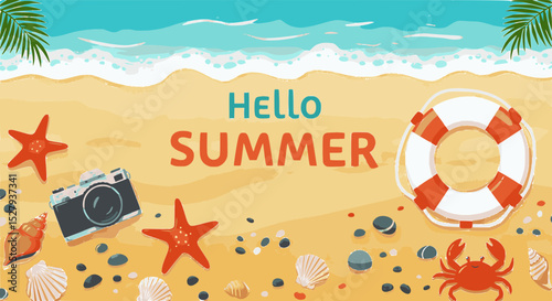  Beach Vacation Hello Summer, Ocean Waves, Seashells, and Sun