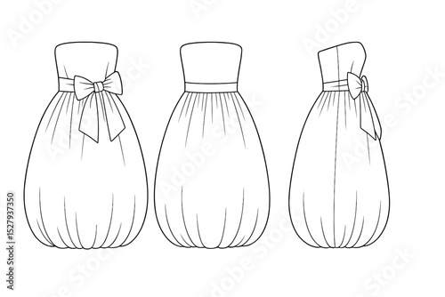 Vector illustration displaying a strapless dress with ribbon detail in front, side, and back views