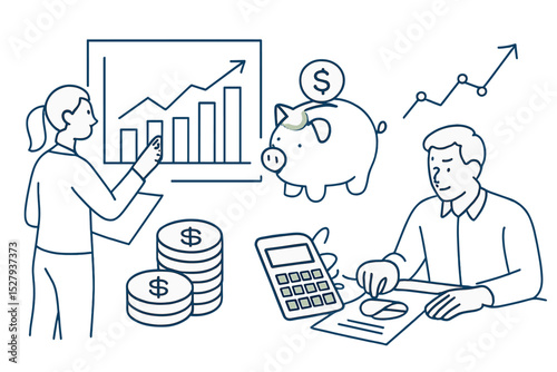 Business people doing financial planning with piggy bank and chart