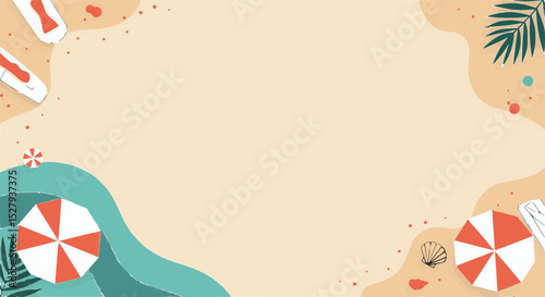 Summer Beach Vacation Background Sandy Shores, Palm Trees, and Beach Umbrellas