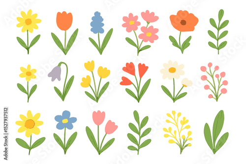 Spring flowers cartoon vector icon set with colorful tulips, daisies, and other blooms isolated