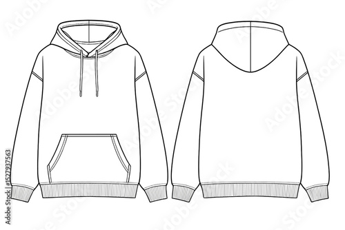 Outline design of front and back of a hoodie, fashionable pullover sweatshirt with a pocket and drawstrings