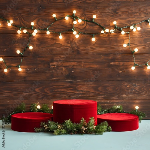 A Festive Christmas Display with Red Velvet Platforms and String Lights photo