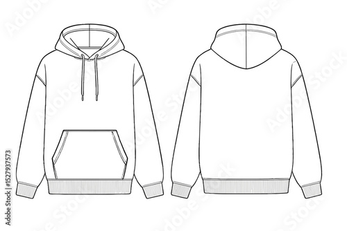 Hoodie vector outline drawing front and back views, casual sweatshirt template for fashion design isolated on white