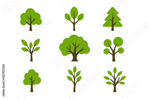 Collection of diverse green cartoon Trees, vector illustration, symbol of nature