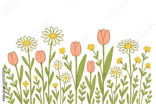 Cartoonish field illustration showcasing various spring flowers like tulips and daisies against a white background