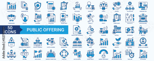 Public Offering icon set with listing, exchange, investor, public, pricing, allocation, subscription, fundraising, private, valuation