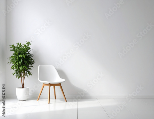 Bright minimalist room with white chair and potted plant in sunlight