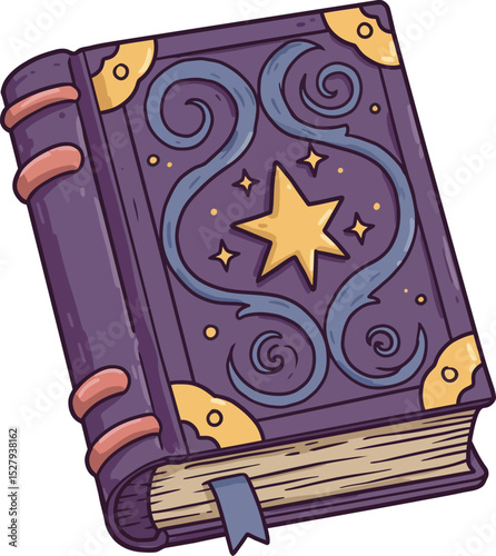 Cartoon Magic Book Clipart – Purple Spellbook Illustration with Star and Swirls for Kids, Fantasy, and Wizard Designs

