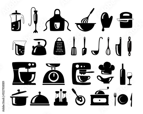 A set of hand-drawn cooking icons. Images of dishes, kitchen appliances and food-related items, kitchen utensils. Cookbook, menu and more, vector illustration