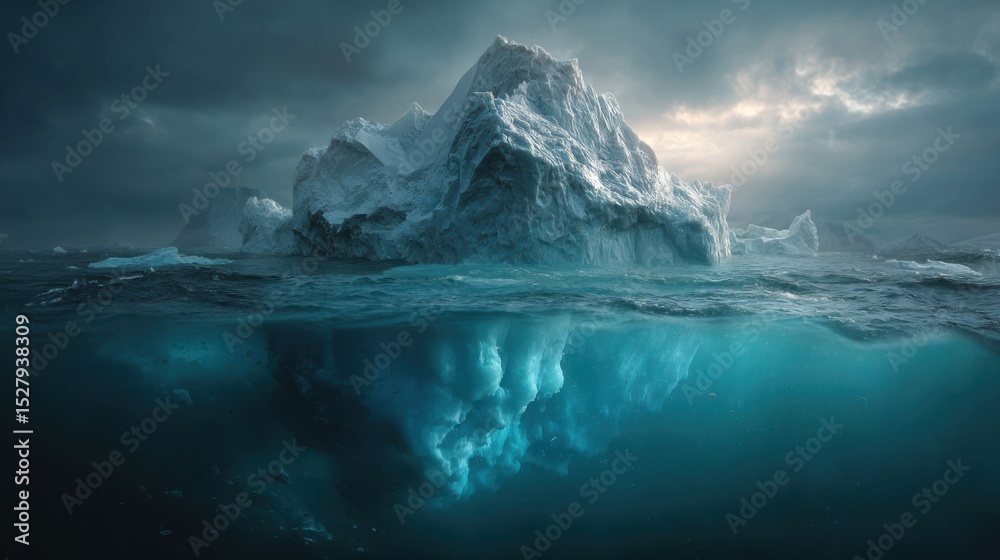 Fototapeta premium An iceberg floating in Arctic waters, its submerged blue-ice bulk glowing eerily beneath the ocean's surface.