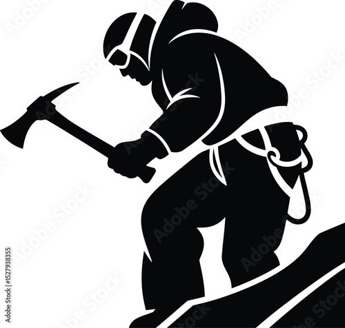 A black and white silhouette of a mountain climber with an ice axe ascending a rocky terrain path