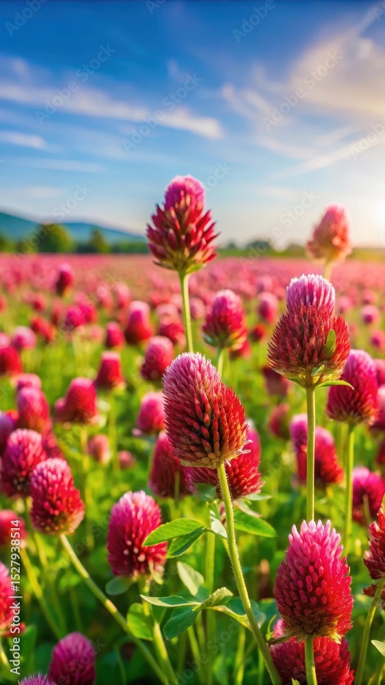 Obraz premium A vibrant field of red clover flowers swaying gently in the breeze on a sunny day
