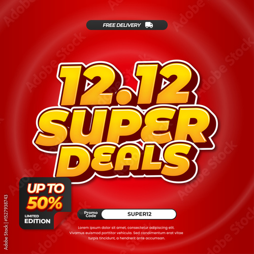 12.12 Super December Sale discount deals with Soft red whirlpool gradient Editable text effect Promotion Marketing Square banner