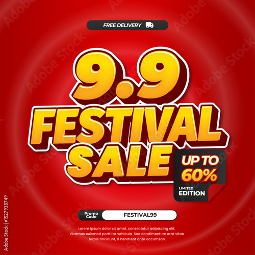 9.9 September Festival Sale discount deals with Soft red whirlpool gradient Editable text effect Promotion Marketing Square banner