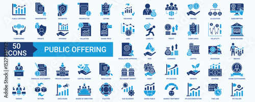 Public Offering icon set with listing, exchange, investor, public, pricing, allocation, subscription, fundraising, private, valuation