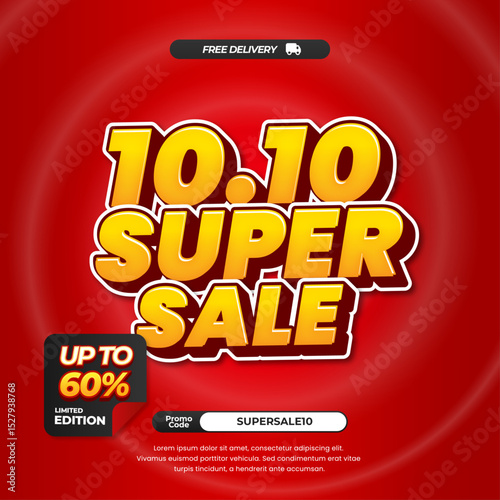 10.10 Super Sale discount deals with Soft red whirlpool gradient Editable text effect Promotion Marketing Square banner
