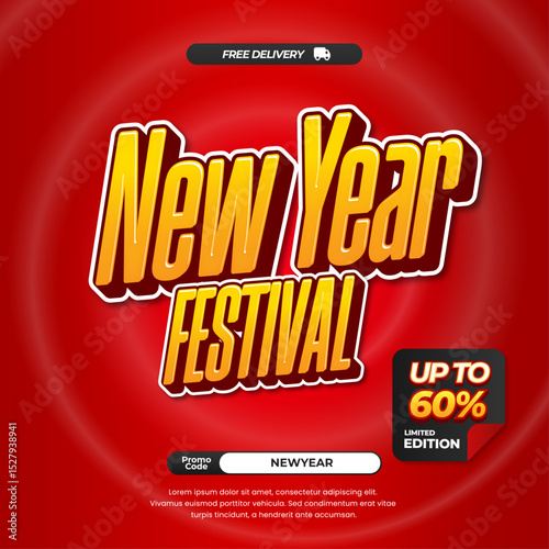 New Year Festival Sale discount deals with Soft red whirlpool gradient Editable text effect Promotion Marketing Square banner