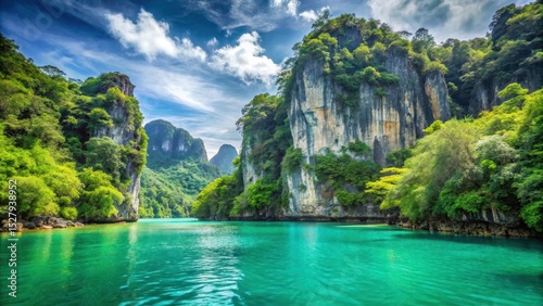 turquoise limestone karst landscape with limestone cliffs and tropical forest