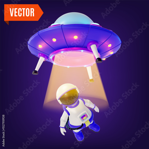 3d Space Exploration Concept Astronaut Floating in Outer Space and Ufo Ship with Yellow Glowing Cartoon Design Style. Vector illustration