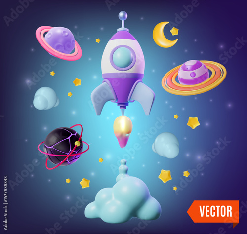 3d Cosmic Travel Begins Realistic Simulation Flexible Learning Global Community Concept Background Cartoon Design Style. Vector illustration
