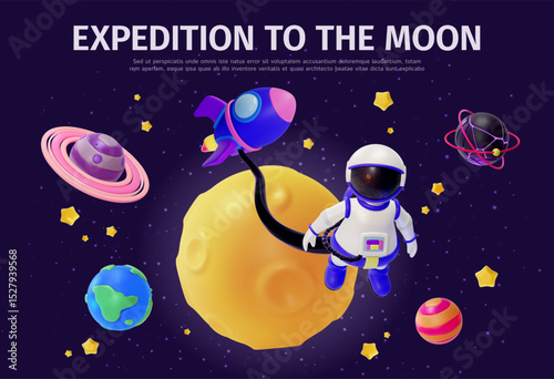 3d Expedition to The Moon Concept Ads Banner Promotion Poster Card Cartoon Design Style. Vector illustration